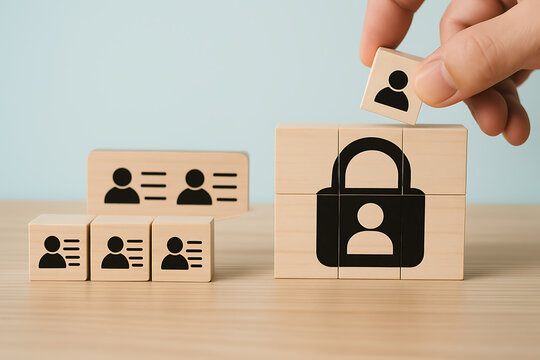 Wooden blocks with person icons and a padlock symbol represent data privacy concepts
