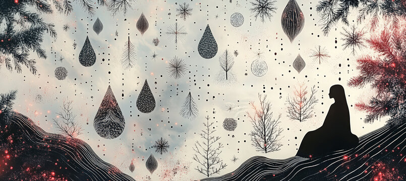 Lone Woman Sitting on Snowy Ground Beneath Falling Leaves and Abstract Shapes, Mystical Winter Forest Fantasy