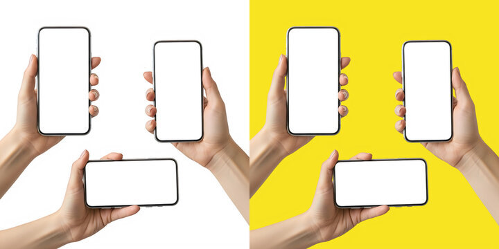 Three Hands Holding Smartphones In Portrait And Landscape Orientations On A Split Background