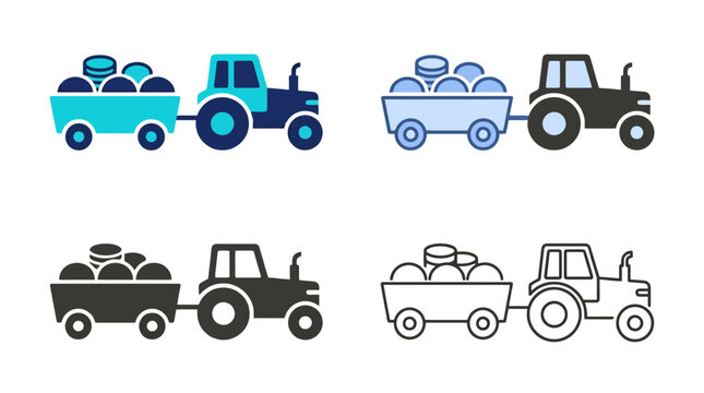 Farm Tractor Pulling Harvest Trailer Icon Set Vector for Agricultural Infographics, Farming Presentations & Rural Business Branding (EPS)