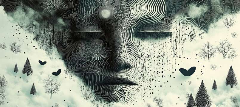 Surreal Human Face Emerging from Misty Winter Forest with Birds, Pine Trees, Floating Shapes and Dreamlike Atmosphere