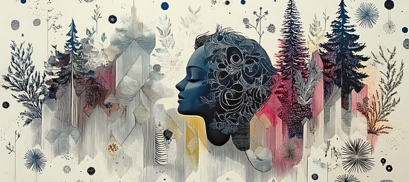 Surreal Female Profile Surrounded by Colorful Flowers, Pine Trees, Abstract Shapes and Mystical Winter Nature Elements