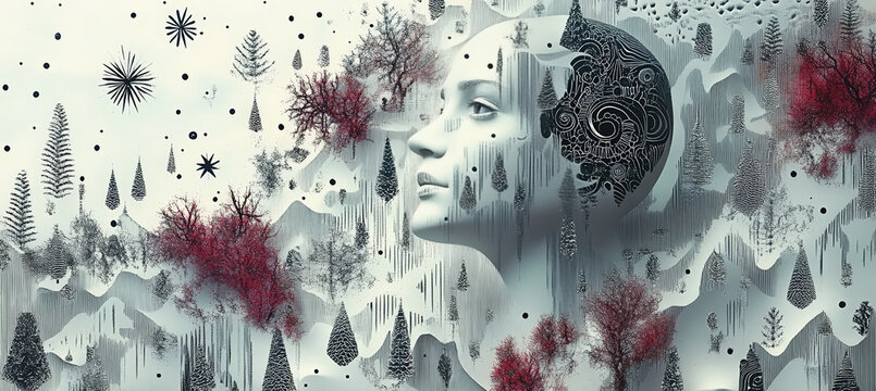 Dreamlike Winter Forest with Giant Ghostly Face, Red Flowers, Snow Covered Trees and Surreal Fantasy Landscape