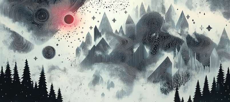 Surreal Snowy Mountain Landscape with Giant Human Face Emerging from Clouds, Red Moon and Mystical Winter Atmosphere