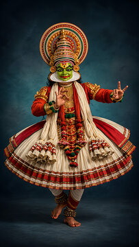 Beautiful kathakali dancer performing for happy onam celebrating the traditional south indian festival in kerala with vibrant green makeup and intricate costume