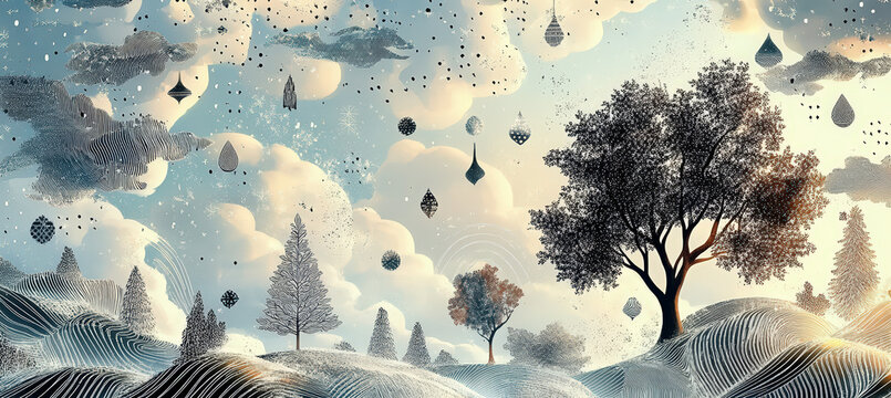 Peaceful Snowy Landscape with Lone Tree, Floating Clouds, Pine Forest and Soft Dreamlike Winter Fantasy Background