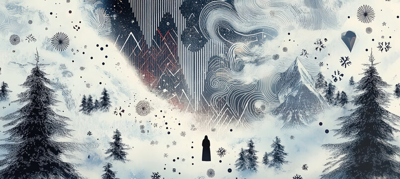 Surreal Snowy Mountain Landscape with Dark Abstract Waves, Pine Trees, Floating Shapes and Mystical Winter Atmosphere