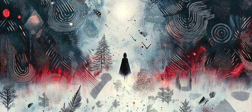 Dark Winter Forest with Red Glowing Mist, Lone Figure, Snow Covered Mountains and Dramatic Surreal Fantasy Atmosphere
