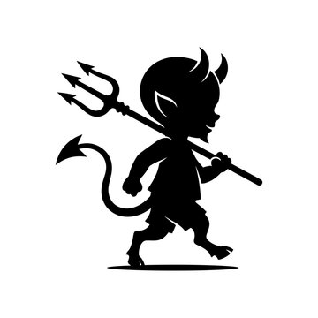 Cartoon devil silhouette with trident, cute supernatural vector character, evil demon icon, satanic mascot outline