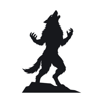 Silhouette of howling werewolf standing on hill. Wolf man howling at moon. Halloween monster vector illustration. Black shape concept for horror design.