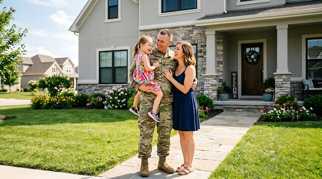 Military soldier reuniting with wife and daughter outside their family home for emotional homecoming