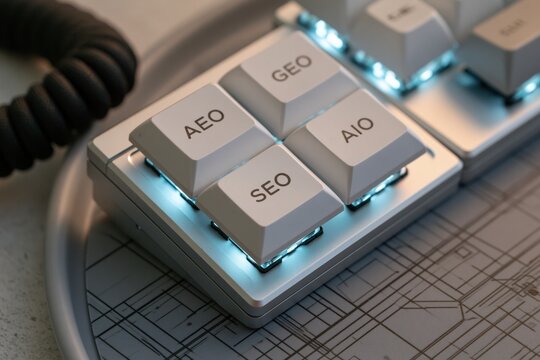 Close-up of a specialized keypad featuring back-lit keys labeled with SEO, AEO, GEO, and AIO marketing strategies. Use this corporate technology concept for digital advertising.