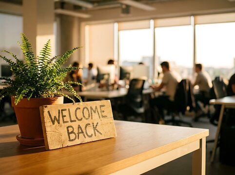 Welcome back sign on wooden desk in busy office workplace with workplace business employee
