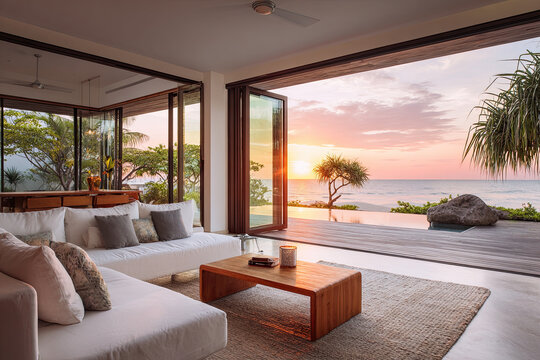 Modern living room inside beach house with open glass doors facing ocean at sunset. White sofa with cushions stands on rug near wood coffee table. Calm resort villa interior scenic view of tropical 