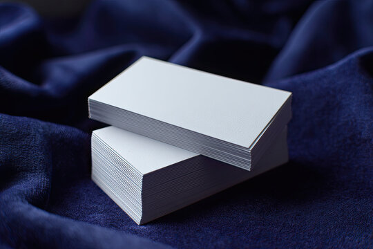 Stack of blank white business cards rests on plush dark  velvet fabric. A single card sits angled in front casting subtle shadow.  