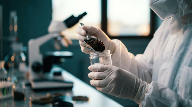 A scientist in protective gear collects soil samples in a laboratory setting with lab equipment visible in the background