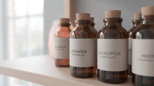 Several glass bottles of essential oils are lined on a wooden shelf in a well-lit room