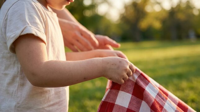 A child grips a red and white checkered picnic blanket as another person arranges items for a meal outdoors in a green park