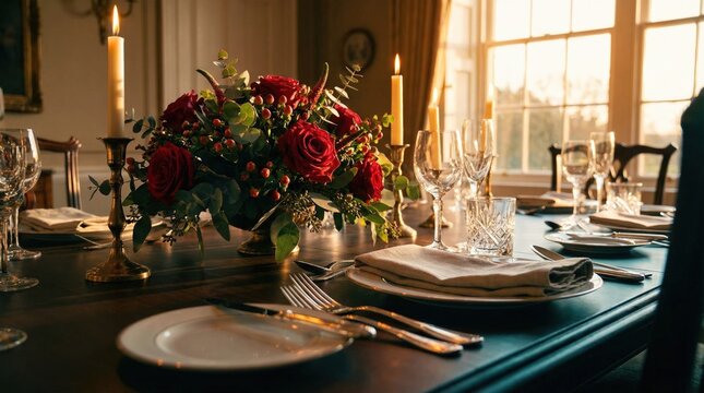 A formal dining table is set with plates, cutlery, and glasses. A bouquet of red roses is in the center. Candles are lit