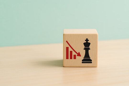 Wooden cube with chess piece and declining bar graph illustration a symbolic representation
