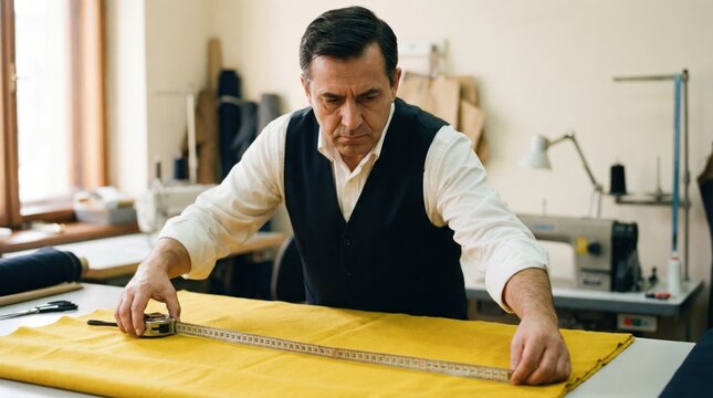 A tailor works in a workshop, measuring yellow fabric with a tape measure on a table. Sunlight comes through the windows