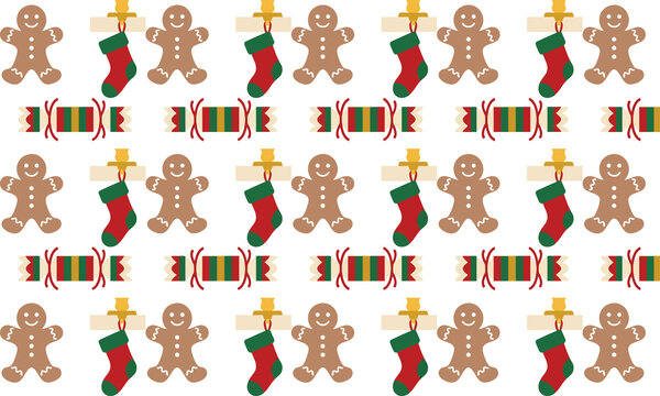 Seamless Christmas Pattern with Gingerbread Cookies, Stockings and Wrapped Candy