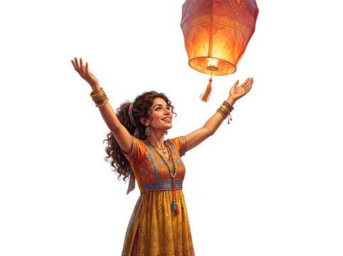 Illustration of woman celebrating with sky lantern release