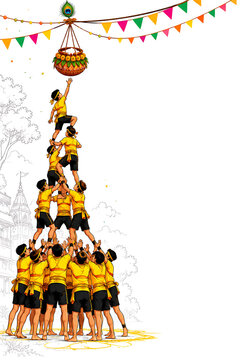 A group of young men forming a human pyramid to break a hanging earthen pot filled with butter, celebrating the dahi handi festival on white