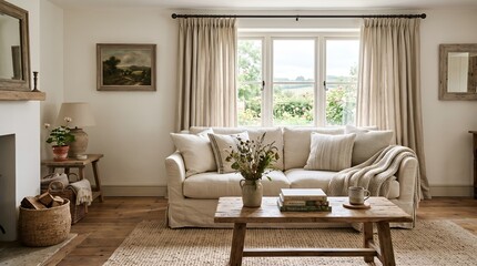 Fototapeta premium Modern cozy living room with neutral sofa, wooden coffee table, and natural light