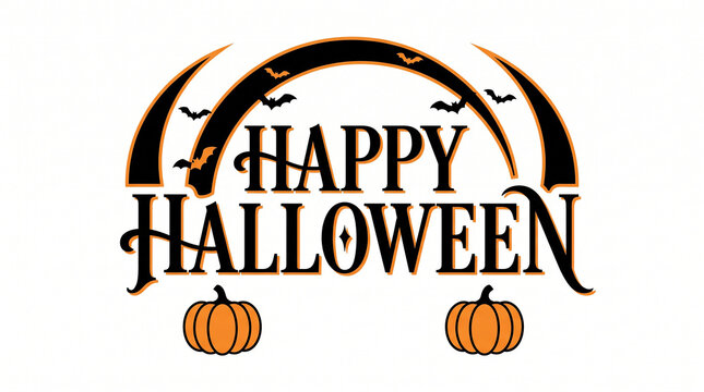 Happy Halloween text with pumpkins and bats under an orange arch for seasonal celebration and greeting cards.