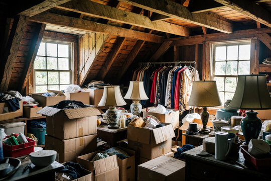 Attic room full of stored items. Cardboard boxes, clothes rack with garments, old lamps fill rustic wooden space. Clutter and disarray inside dusty attic.