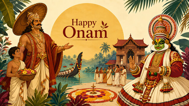King mahabali arriving to bless people during happy onam highlighting the rich south indian festival in kerala with dancers and boat race