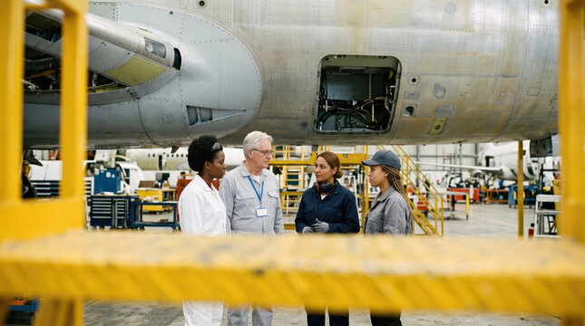 Technicians Briefing Under the Fuselage