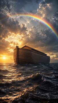 Epic biblical scene of Noah's Ark floating on the vast ocean under a vibrant rainbow and dramatic sunset sky, symbolizing God's covenant after the Great Flood.