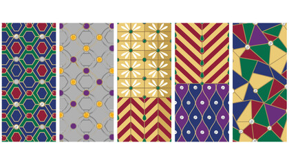 Obraz premium Set of five vertical bookmarks featuring various geometric and floral patterns in colorful retro designs.