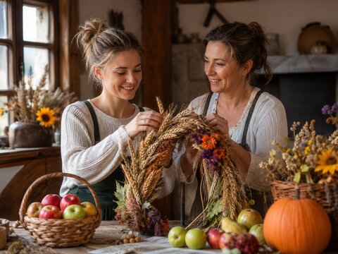 Zwei Frauen binden gemeinsam eine traditionelle Erntekrone aus Getreide und Blumen in einer rustikalen Bauernstube &ndash; deutsches Brauchtum zur Erntedankzeit im Herbst.