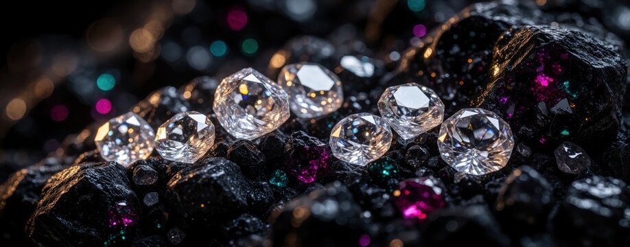 Sparkling rough diamonds rest on dark mineral ore. Colorful bokeh lights twinkle around precious gemstones. Luxury treasure found from earth depths.