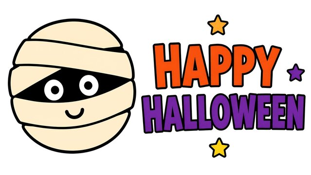 Happy halloween greeting illustration featuring a cute mummy character and festive decorative stars halloween character celebration illustration greeting seasonal trickortreat invitation