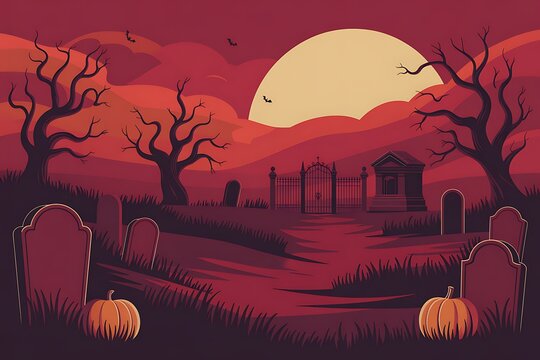 Spooky halloween graveyard scene with a large moon and silhouetted trees