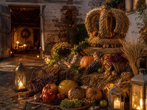 Stimmungsvolle Erntedankdekoration vor einer rustikalen Scheune mit Erntekrone, Brot, K&uuml;rbissen, Trauben, Getreide und leuchtenden Laternen in der Abendsonne.