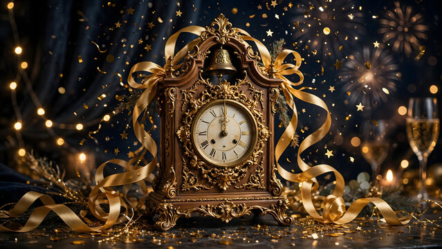 Golden Timepiece Countdown: An ornate, antique clock with golden ribbons and confetti signifies the imminent arrival of a new year, creating an atmosphere of festive anticipation.
