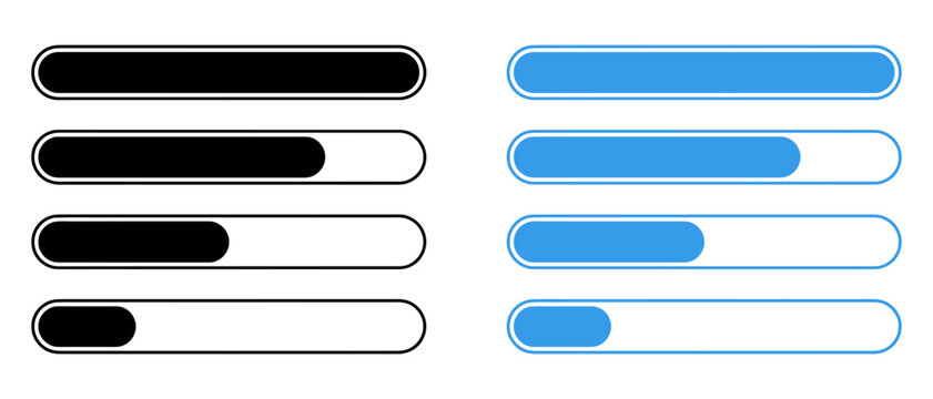 Black and blue progress bars display different levels of task completion on a clean white backdrop representing workflow and data loading stages