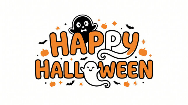 Happy Halloween with cute ghosts and pumpkins, surrounded by bats and stars for festive decorations and playful holiday invitations.