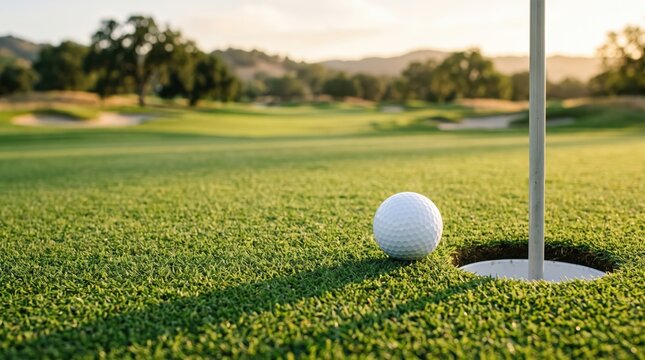 Golf ball near hole on green course at sunset