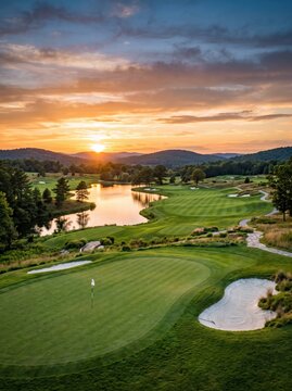 Golf course at sunset with lake and countryside hills