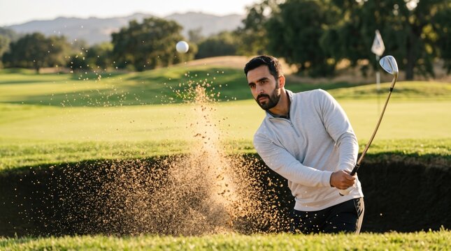 Man hit golf ball from sand trap during afternoon game
