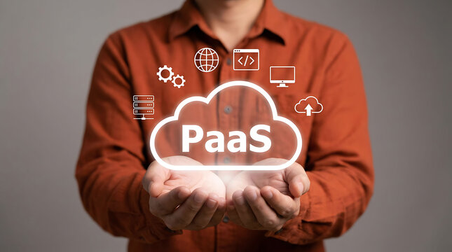 PaaS Platform as a Service Cloud Computing Concept Man Holding Hologram