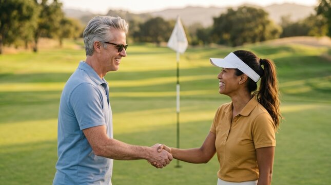 Man and woman shake hands after a round of golf