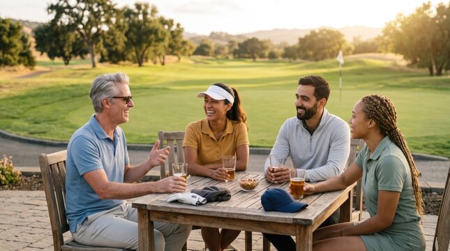 Group of Four Friends Enjoy Drinks and Conversation at Golf Course