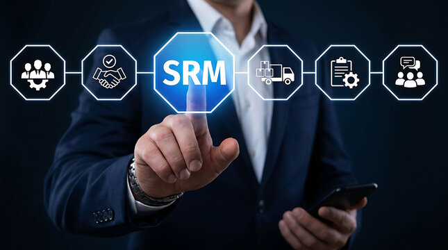 SRM Supplier Relationship Management Concept Businessman Touching Hexagon Interface